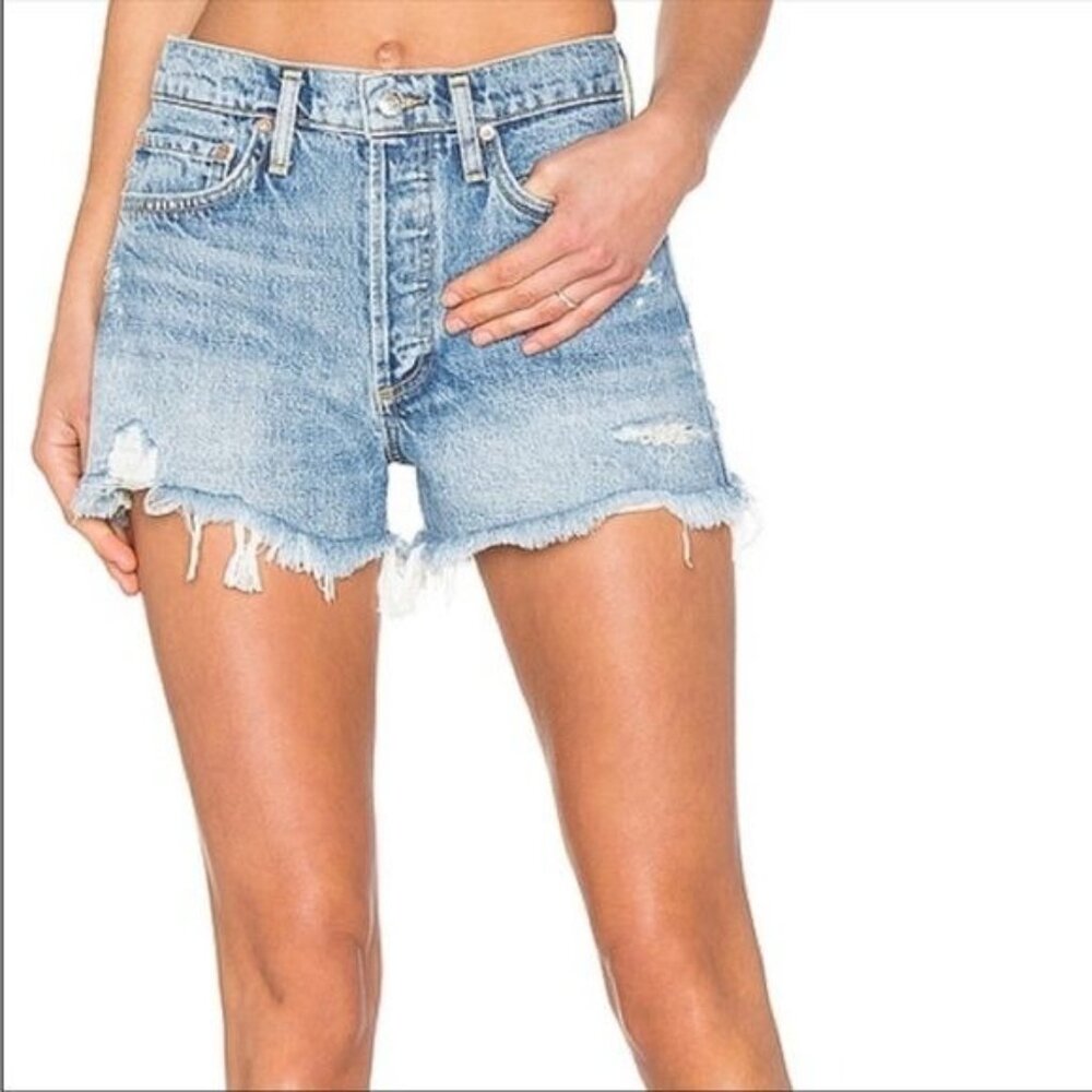 AGOLDE THE PARKER 100% cotton Hong rise raw hem denim shorts 24 - Picture 9 of 9